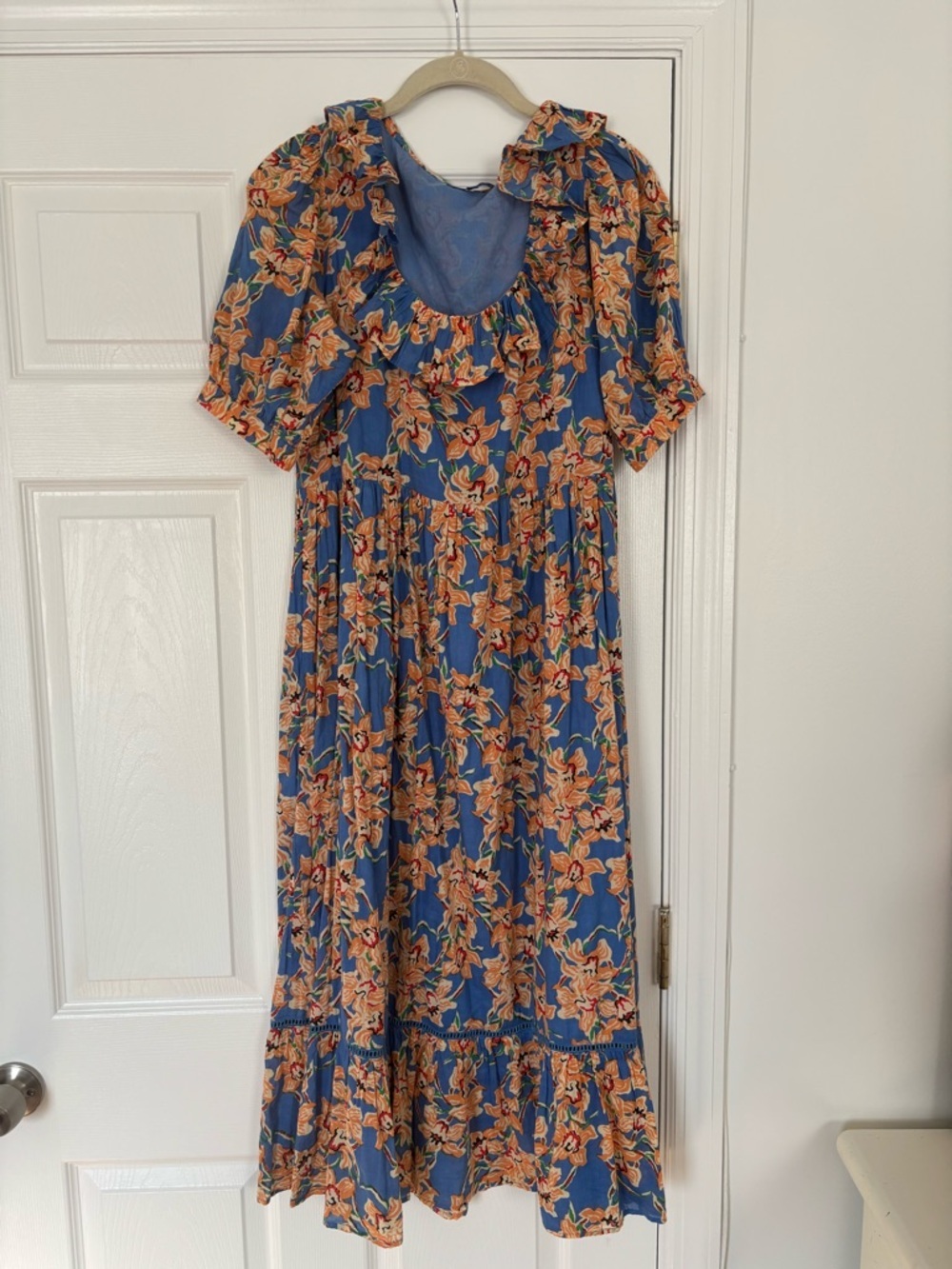 Ro’s Garden Blue Floral Ruffle Cotton Maxi Dress Size Large Boho Resort